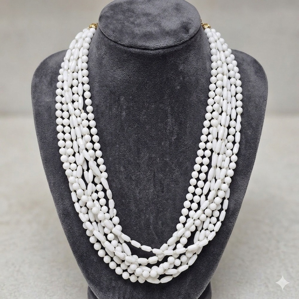 Vintage Milk Glass Multi Strand Necklace White Beaded 5 Row Statement‎ Gold Tone